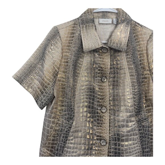 Chicos Women Metallic Croc Short Sleeve Button-Up Jacket SZ 2 US L Gold-Silver - Picture 7 of 12